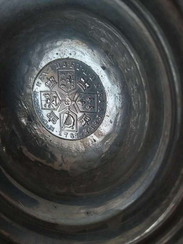 Rare George 111 1787 Sterling Silver Shilling Coin Set On A Lid Of A Beer Tankard