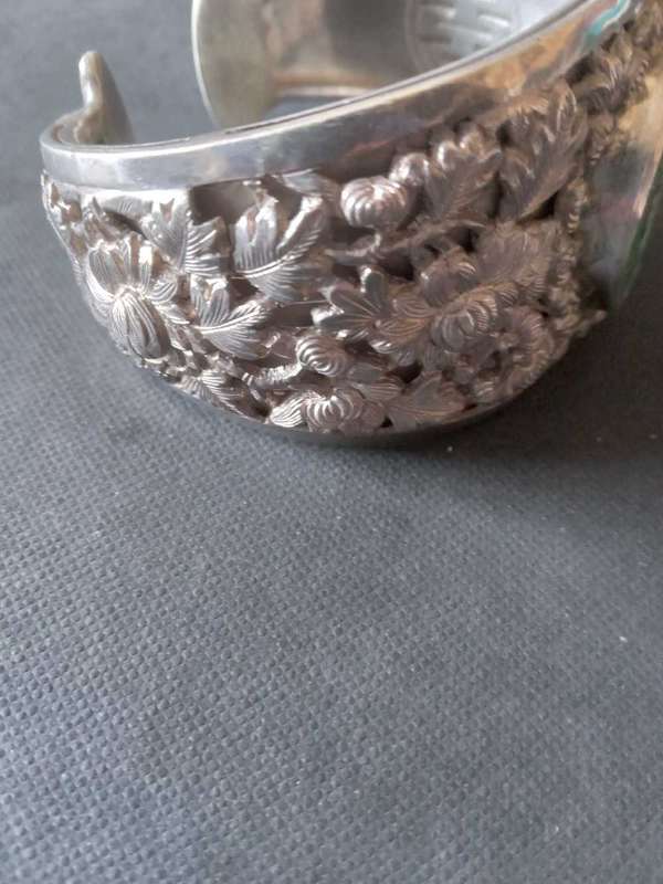 Rare Vintage Indo-Chinese Silver And Jadeite Jade Cuff Bangle - (69.5g)