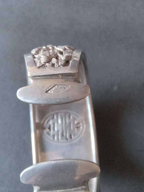 Rare Vintage Indo-Chinese Silver And Jadeite Jade Cuff Bangle - (69.5g)