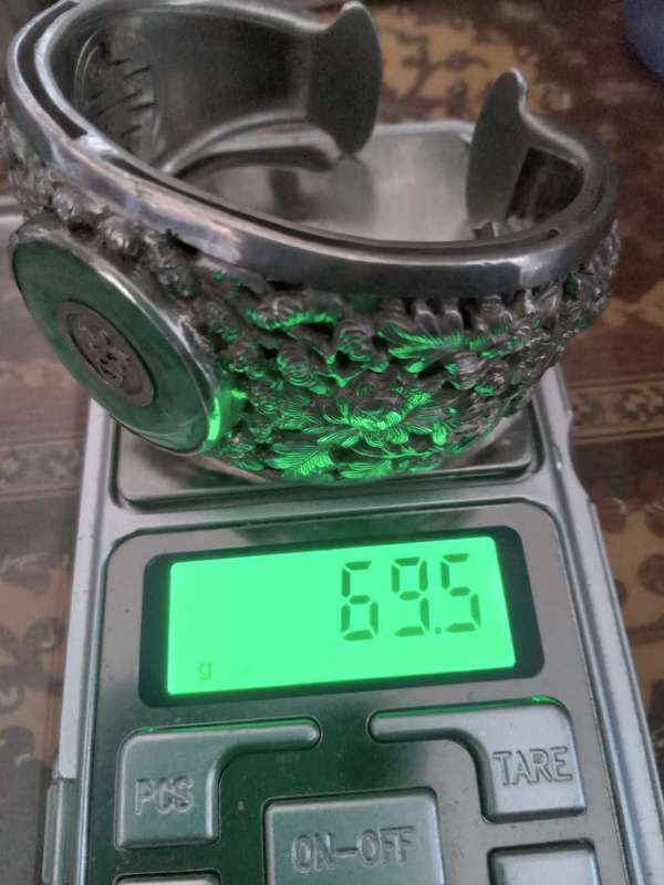 Rare Vintage Indo-Chinese Silver And Jadeite Jade Cuff Bangle - (69.5g)