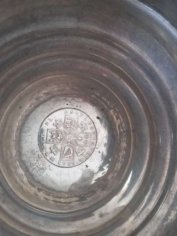 Rare George 111 1787 Sterling Silver Shilling Coin Set On A Lid Of A Beer Tankard