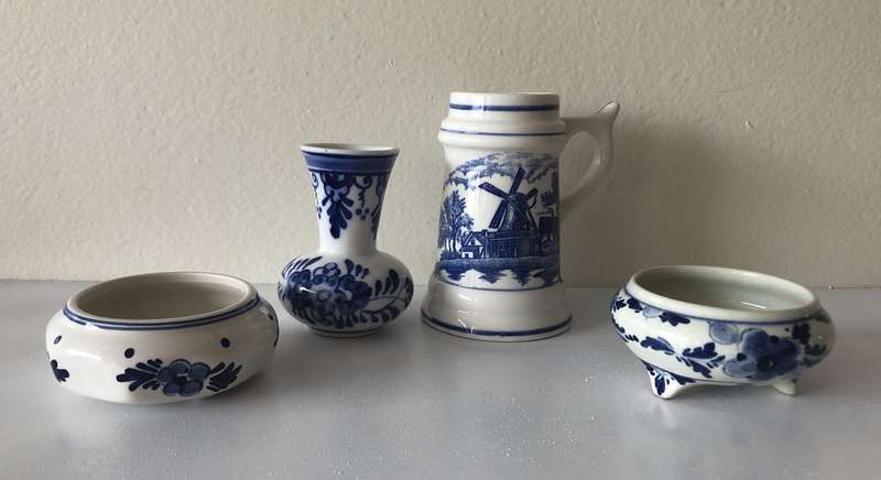 SMALL DUTCH BEER MUG AND DELFT PIN TRAYS AND VASE