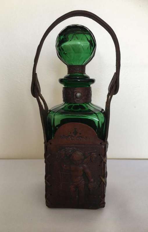 RARE VINTAGE ITALIAN GREEN GLASS DECANTER IN LEATHER EMBOSSED HOLDER