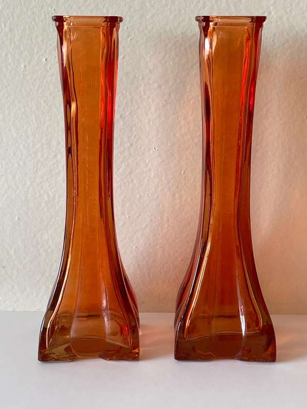 PAIR AMBER GLASS VASES IN IMMACULATE CONDITION