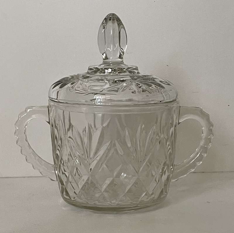 ANTIQUE CUT GLASS SUGAR/JAM BOWL WITH LID AND SAW TOOTH HANDLES