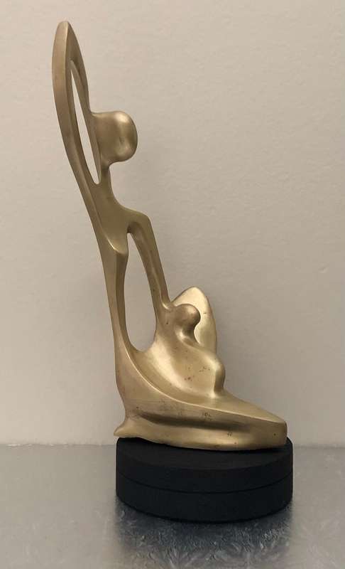 BRONZE STATUE MOTHER AND CHILD ON BLACK WOODEN BASE