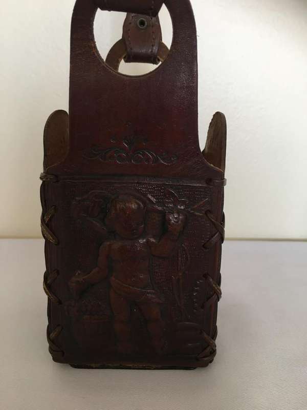 RARE VINTAGE ITALIAN GREEN GLASS DECANTER IN LEATHER EMBOSSED HOLDER
