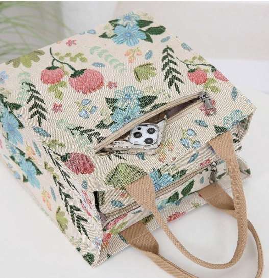 Flower Print Large Capacity Zipper Semi-Closed Lunch Box