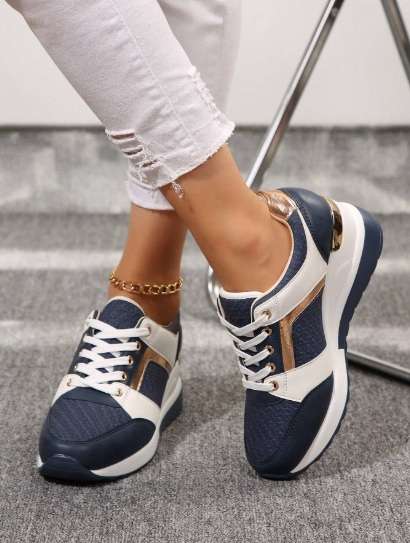 Color Block Lace-Up Platform Sneakers - Blue - UK Size 7