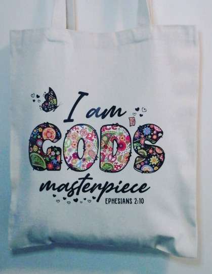 Canvas Tote - I am God's masterpiece - Shopping Tote / Bible Journaling Tote / Craft Bag