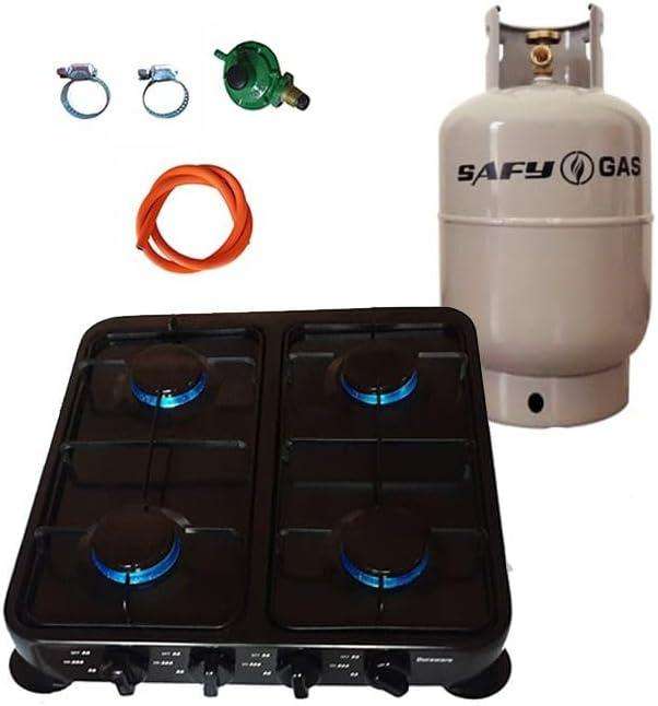 Black 4 Plate Gas Stove with Fittings & Gas Cylinder 9kg