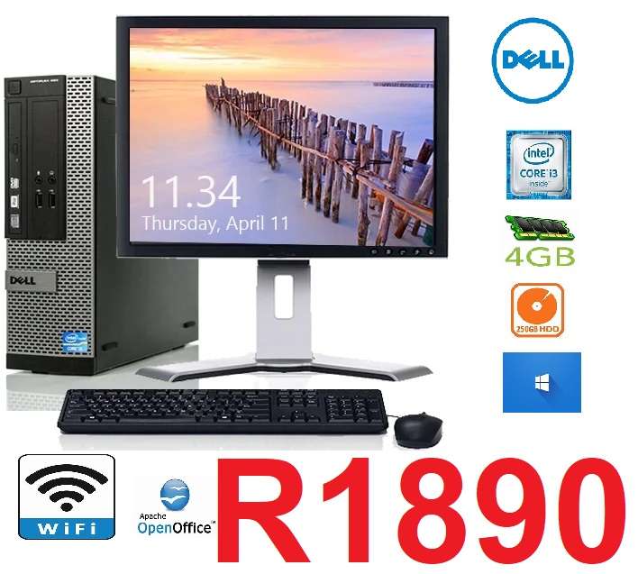 Dell Optiplex Windows 10 Desktop Computer Tower Core i3 4GB 250GB DVD WiFi 17` LCD