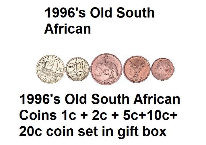 1996's Old South African Coins 1c + 2c + 5c+10c+20c coin set in gift box