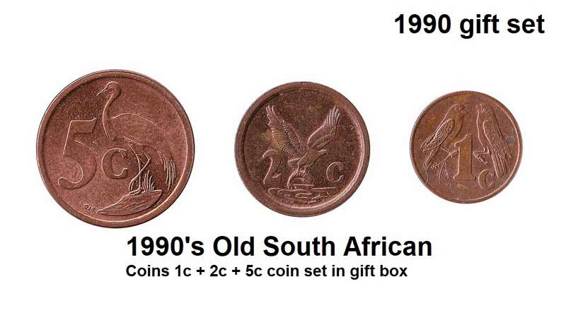 1990's Old South African Coins 1c + 2c + 5c coin set in gift box