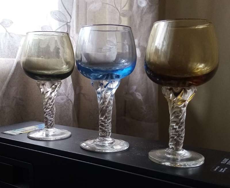 3 Vintage coloured twist stem glasses