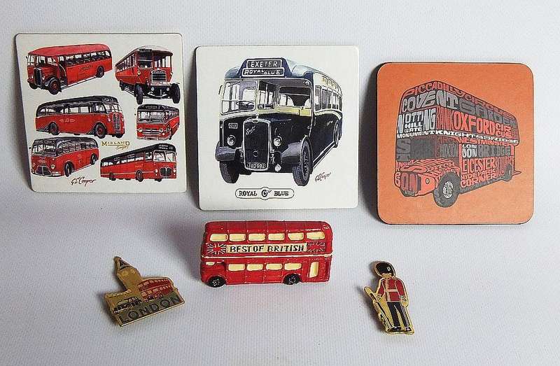 Three vintage London bus theme coasters plus three London tourist fridge magnets