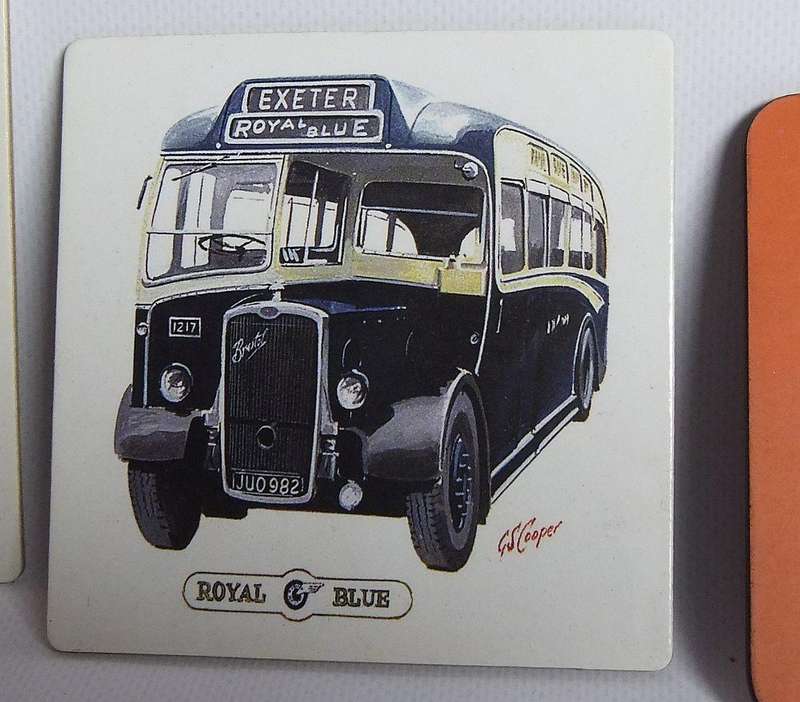 Three vintage London bus theme coasters plus three London tourist fridge magnets