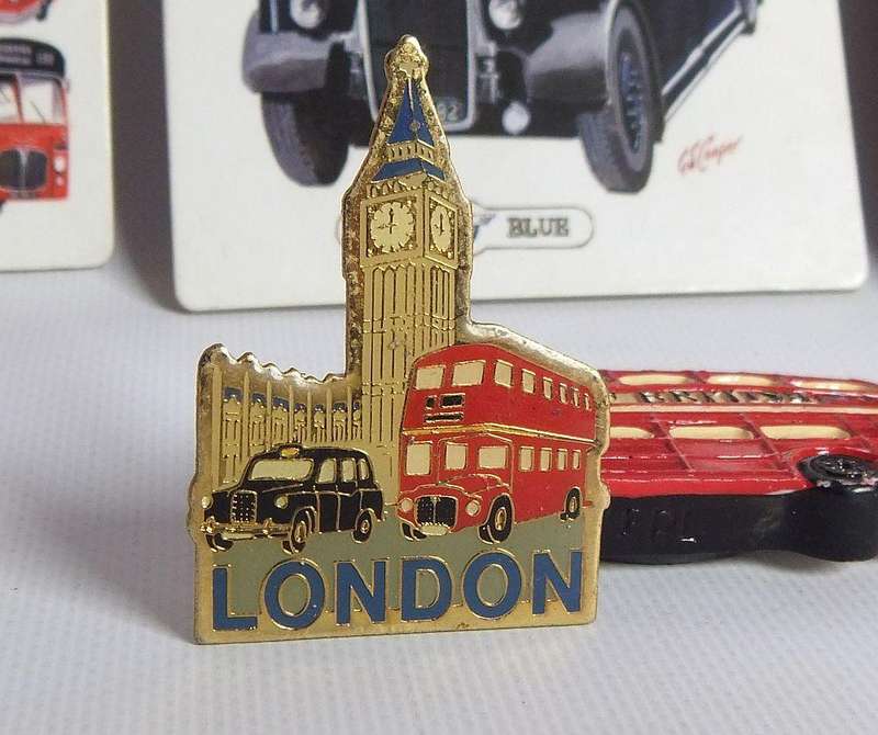 Three vintage London bus theme coasters plus three London tourist fridge magnets