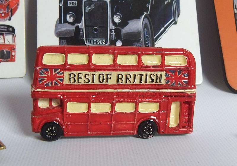 Three vintage London bus theme coasters plus three London tourist fridge magnets