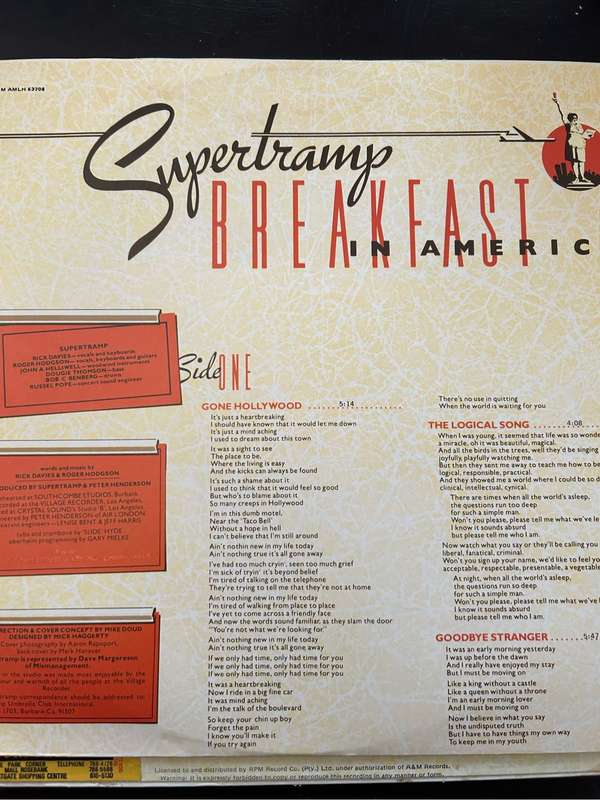 SUPERTRAMP - BREAKFAST IN AMERICA LP VINYL