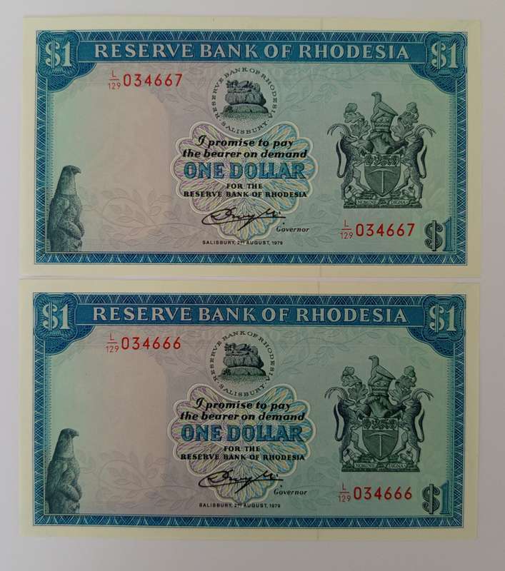 **RHODESIA $1 x 2 IN SEQUENCE** BEAUTIFUL UNC BANKNOTES!!!