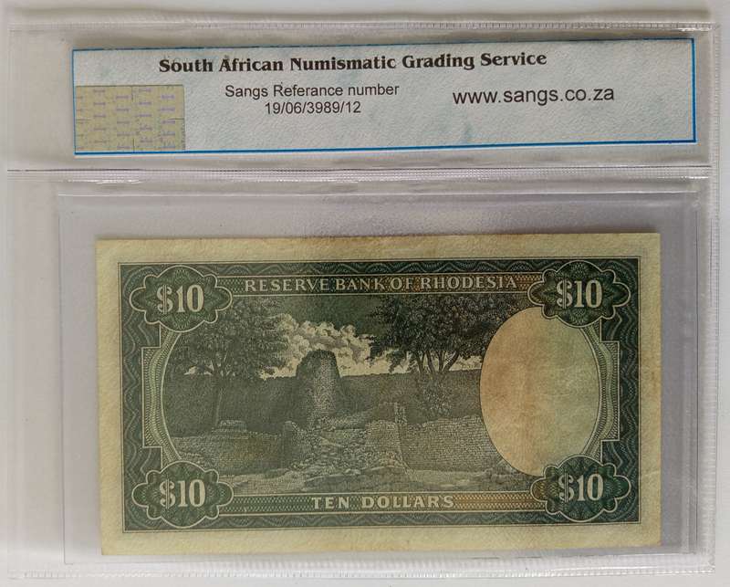 RHODESIA $10 GRADED 'EF' 15 SEPT 1975