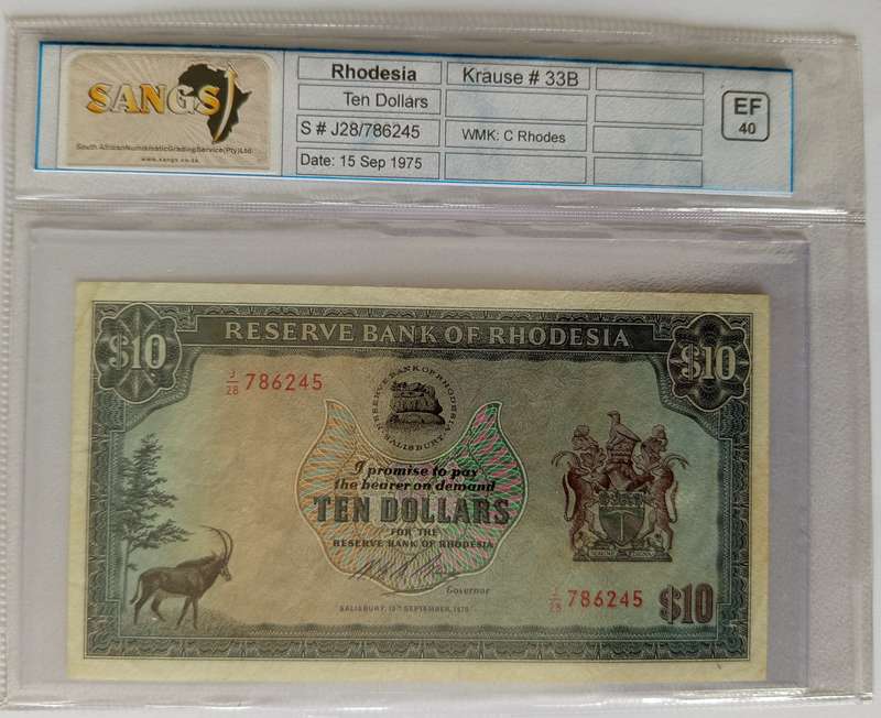 RHODESIA $10 GRADED 'EF' 15 SEPT 1975