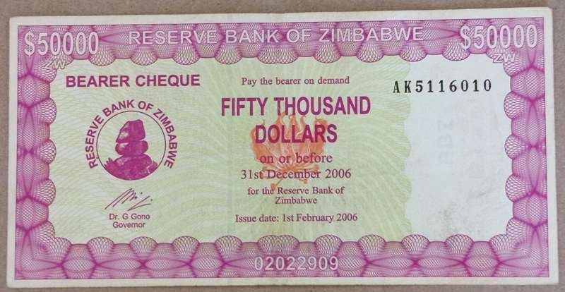 2006 ZIMBABWE $50 000 BEARERS CHEQUE