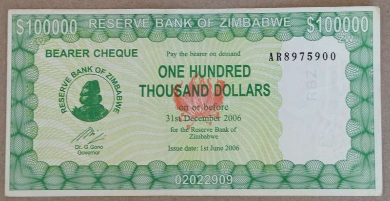 2006 ZIMBABWE $100 000 BEARERS CHEQUE