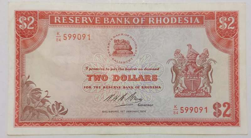 RHODESIA $2 BANKNOTE 10-01-1974