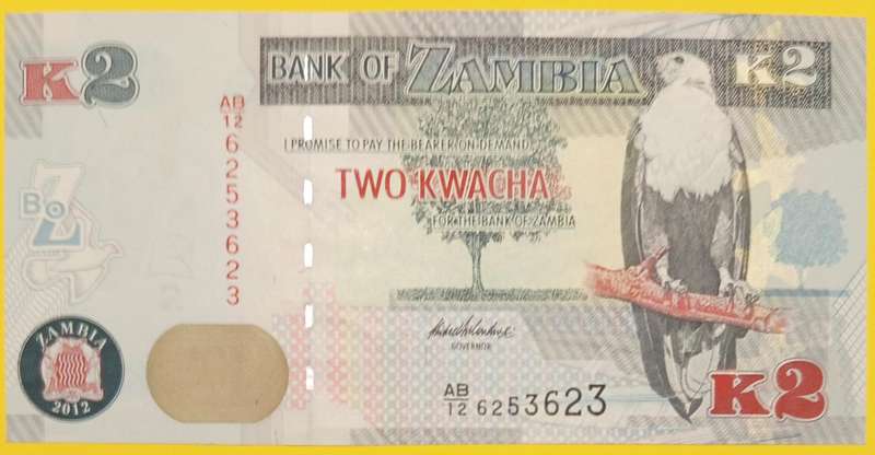 ZAMBIA 2012 UNC 2 KWACHA BANKNOTE