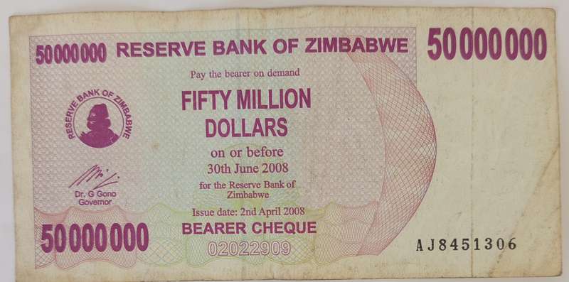 ZIMBABWE $50 MILLION BEARERS CHEQUE