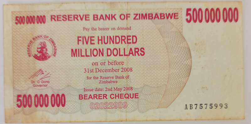 ZIMBABWE $500 MILLION BEARERS CHEQUE