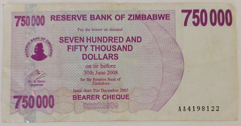 ZIMBABWE $750 000 BEARER CHEQUE