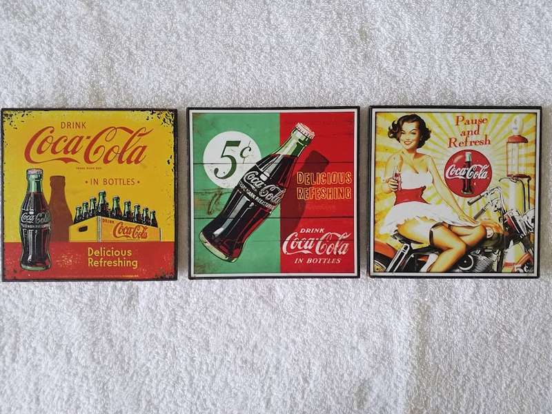 COCA-COLA, REPRODUCTION THEMED WOODEN SIGNS X 3 (SMALL)