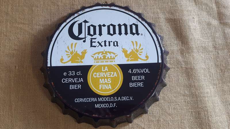 "CORONA Extra"- THEMED" REPRODUCTION BOTTLE CAP - ROUND METAL HANGING SIGN