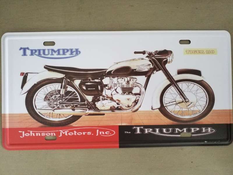 "TRIUMPH TIGER 110" REPRODUCTION ADVERTISEMENT - EMBOSSED METAL HANGING SIGN "NUMBER PLATE"