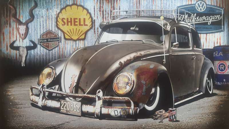 VINTAGE BEETLE "Low Rider & GARAGE THEMED" -DECORATIVE PRINT ON WOOD (LARGE)