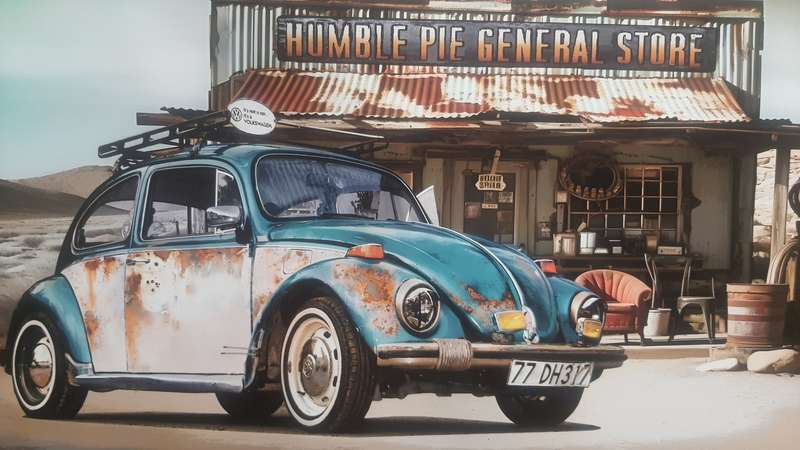 VINTAGE BEETLE "General Store Themed" -DECORATIVE PRINT ON WOOD (LARGE)