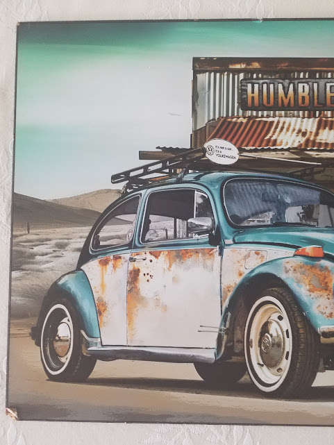 VOLKSWAGEN BEETLE, GENERAL STORE THEMED - PRINT ON WOOD (LARGE)