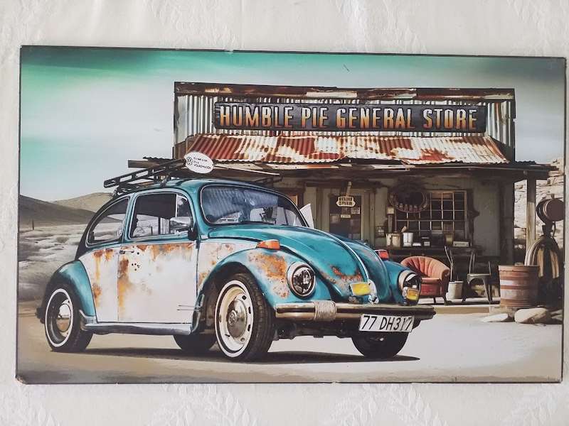 VOLKSWAGEN BEETLE, GENERAL STORE THEMED - PRINT ON WOOD (LARGE)
