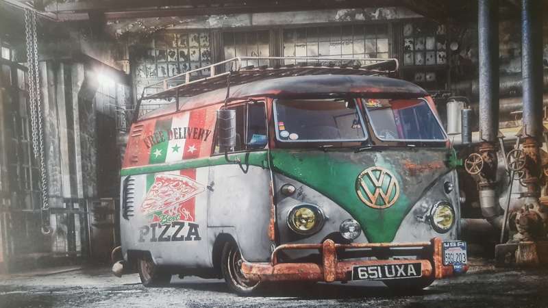 VINTAGE VOLKSWAGEN KOMBI - "Pizza Delivery Themed" - PRINT ON WOOD (LARGE)