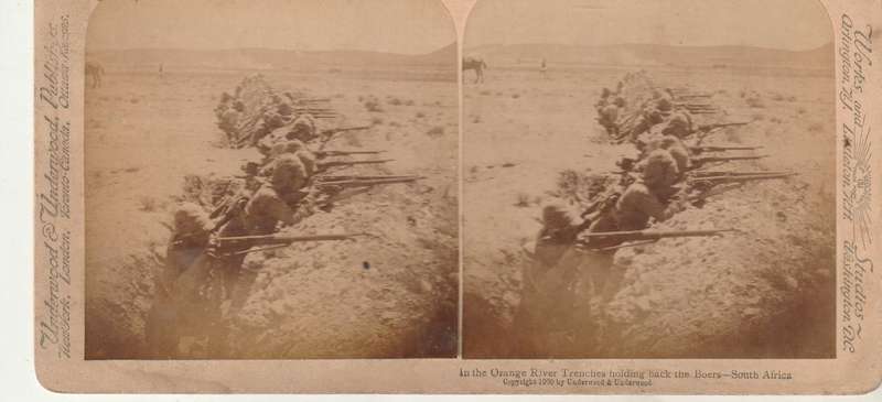 BOER WAR STEREOSCOPE BEHIND THE ORANGE RIVER INTRENCHMENTS HOLDING BACK THE BOERS