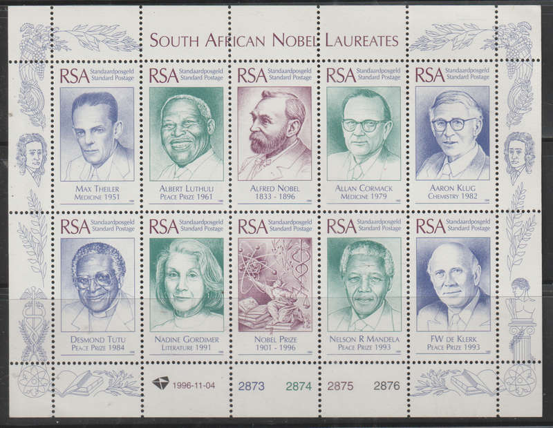 SOUTH AFRICA  1996 South African Nobel Laureates UMM SACC 951-90 FULL SHEET