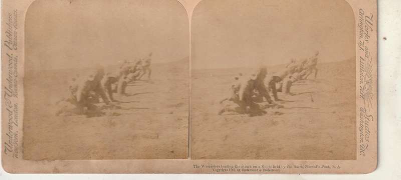 BOER WAR STEREOSCOPE THE WORCESTERS LEADING THE ATTACK ON A KOPJE HELD BY BOERS NORVAL PONT SA