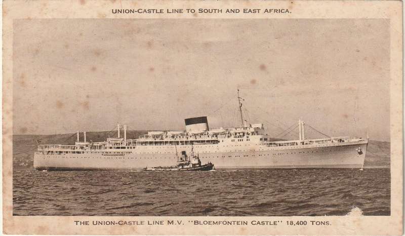 USED UNION CASTLE LINE POST CARD BLOEMFONTEIN CASTLE 1958
