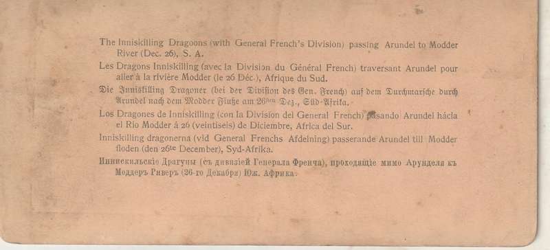 BOER WAR STEREOSCOPE THE INNISKILLING DRAGOONS GENERAL FRENCHS DIVISION PASSING ARUNDEL TO MODDER RI