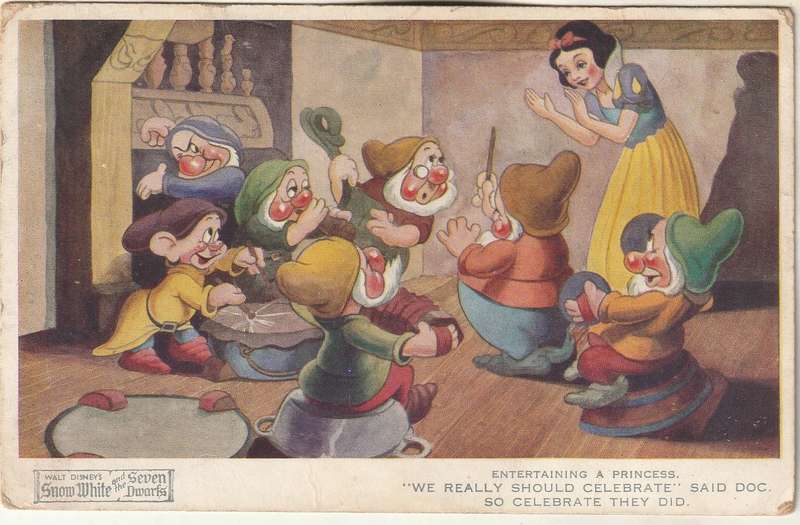 USED VALENTINES SNOW WHITE AND SEVEN DWARFS POST CARD