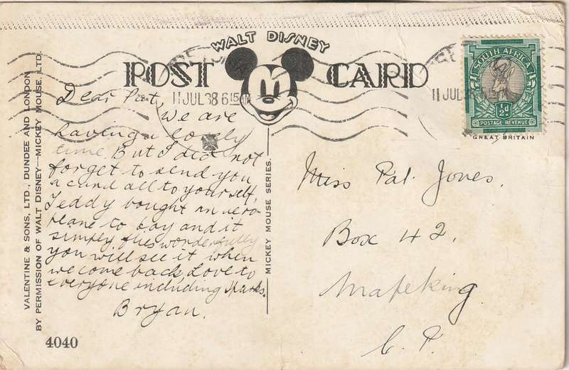 USED WALT DISNEY POST CARD 1938