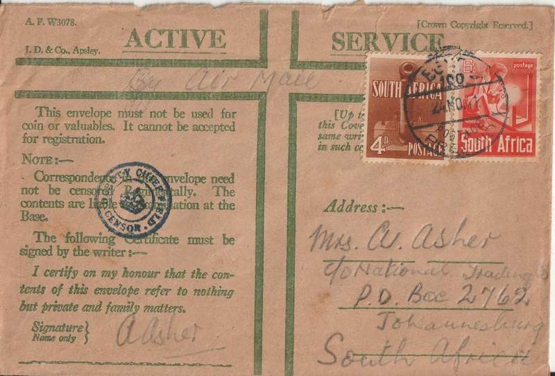 SOUTH AFRICA ON ACTIVE SERVICE COVER WW2 FIELD POT OFFICE